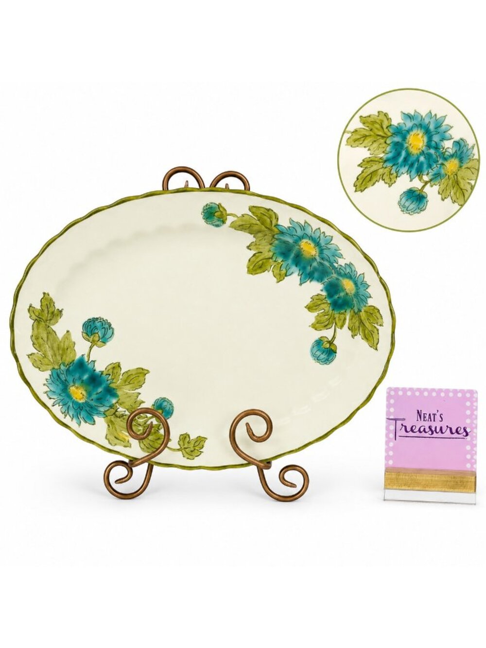 MCM Metlox Poppytrail Vernon BLUE FASCINATION Floral Green Trim Oval 14" Platter